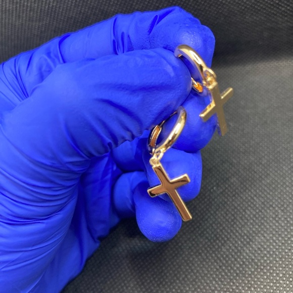 Cross Earrings Gold Huggie Hoop Dangle Drop - Picture 3 of 12